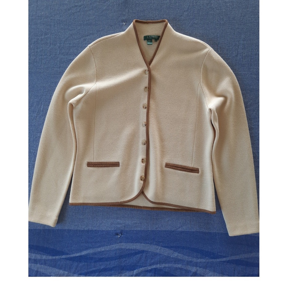 Lauren Ralph Lauren Petite Pure Merino Wool Cardigan Sweater Cream Tan Trim PL